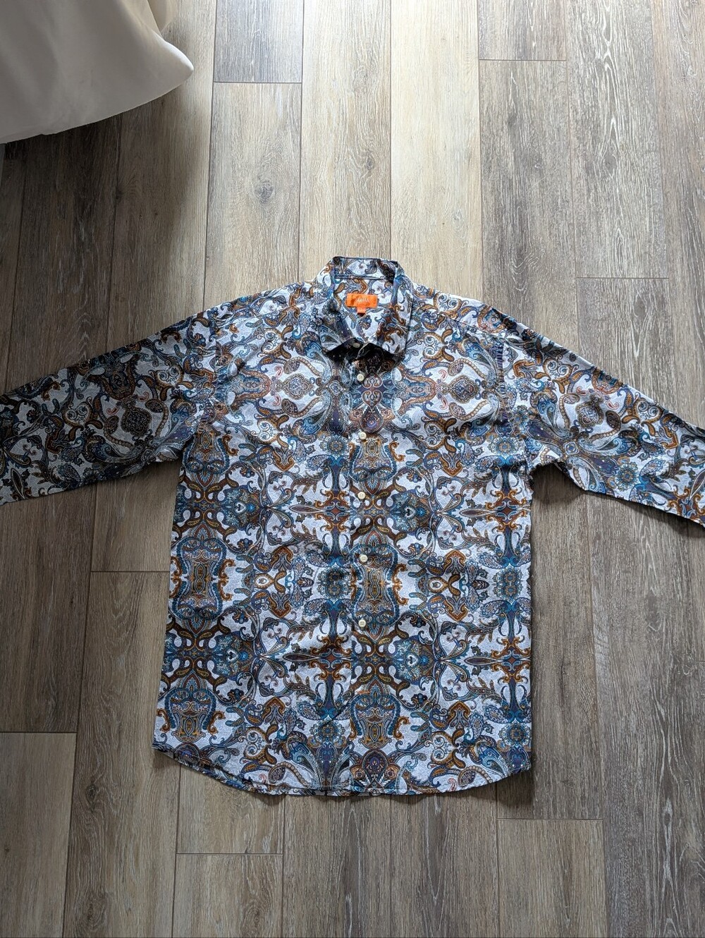Tallia Men's White and Blue Paisley Button Up Shirt Size Large